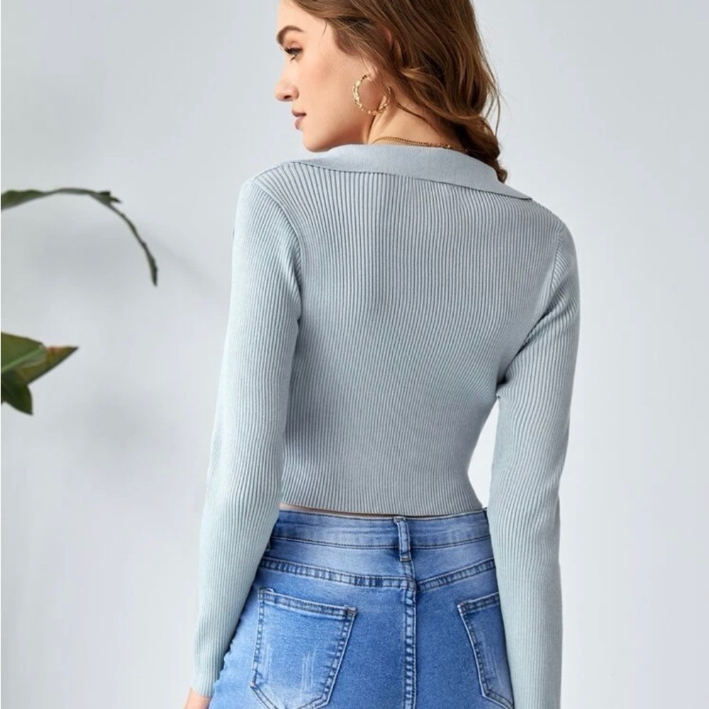 Neutral Gray Ribbed Cropped Sweater - Picture 5 of 11